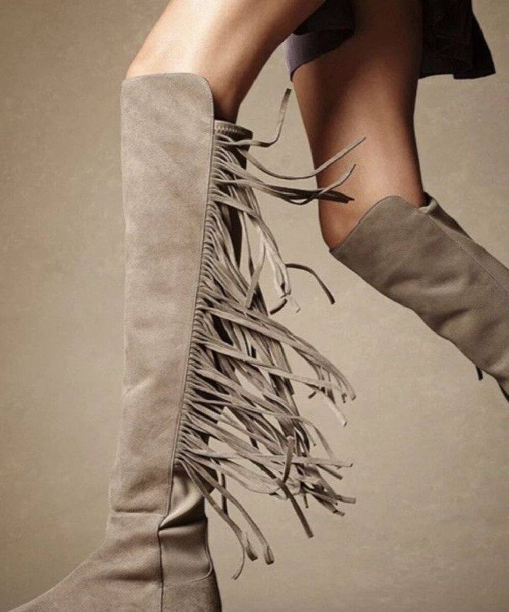 Stuart Weitzman Mane Fringe Over the Knee Taupe Beige Suede 50/50 Boots 8 NEW